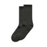 A pair of dark grey socks, featuring a smooth texture and ribbed pattern, presented side by side.