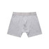 A pair of grey trunks with a soft waistband and a simple design. Features a logo on the waistband.