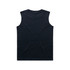 A black youth tank top with a sleeveless design and a plain back, featuring a small logo.