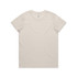 A plain beige t-shirt with a crew neckline and short sleeves, featuring a branding label.