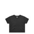 A black cropped t-shirt with short sleeves and a rounded neckline. It features a label inside.