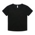 A black baby tee with a rounded neckline and short sleeves. The shirt features a logo on the back.