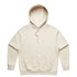 A cream-coloured hoodie featuring a front pocket and a drawstring hood, with a logo on the garment.