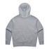 A grey hoodie featuring a back view with a kangaroo pocket and a hood. It has branding details.