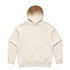 A cream-coloured hoodie featuring a front pocket and a hood. It has a logo on it.
