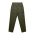 A pair of olive green utility cargo pants featuring rear and side pockets, with a simple design and a logo.