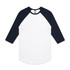 A Raglan Tee featuring white body and navy blue sleeves, with a logo on the label.