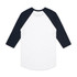 A raglan tee featuring a white body with navy blue sleeves. The back view showcases a classic design with a curved hem.