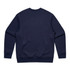 A navy blue jumper featuring long sleeves and a crew neck, with a plain back and a logo.