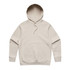 A beige hoodie with a front pocket and a drawstring hood, featuring a logo on the chest area.