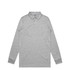A long-sleeve polo shirt in grey with a collar, featuring buttons and branded details.