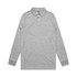 A long-sleeve grey polo shirt featuring a collar and a branded logo.