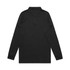 A long-sleeve black polo shirt with a collar and long sleeves, featuring a logo.