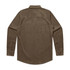 A brown cord shirt with long sleeves and a button-up design, featuring a back yoke and a logo.