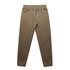 A pair of brown track pants with an elastic waistband and cuffs. Features a logo on the waistband.
