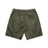 Olive green dress shorts featuring an elastic waistband and two back pockets. Includes a logo on the garment.