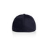 A black cap with a curved brim and a fitted design, featuring rear ventilation holes and a logo on the back.