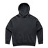 A black hoodie featuring a front pouch pocket and a large hood. It has a logo on the design.
