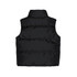 A black puffer vest with a high collar, featuring a quilted design and an unseen logo on the back.