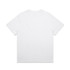 A white t-shirt with a plain design, featuring short sleeves and a crew neck. It has a logo on the label.