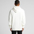 A white hoodie with a kangaroo pocket and a hood, featuring a logo on the back.