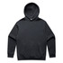 A black hoodie featuring a front pouch pocket and a hood. It has a simple design and includes a logo.