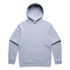 A light blue hoodie with a front pocket and a hood, featuring a logo on the front.