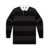 A black and grey striped polo shirt with a white collar, featuring a logo on the chest.