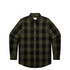 A button-up shirt in dark green and black check pattern, featuring a collar and front pockets. It has a logo on the label.
