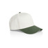 A two-tone cap featuring a white crown and a green brim, with a logo on the side.