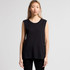 A sleeveless black tank top displayed on a model, featuring a simple design and a branding logo.