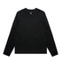 A black long-sleeve t-shirt with a round neckline and fitted cuffs. It features a logo on the front.