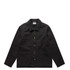 A black canvas chore jacket featuring a collared neckline, front buttons, and two side pockets.