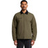 A male model wearing a green canvas cord collar jacket with a front zip and pocket. The jacket has a black collar.