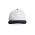 A two-tone cap featuring a white crown and a dark navy peak, with a logo on the front.