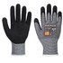 A pair of black and grey cut-resistant gloves with a textured grip and a label on one glove.