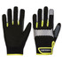 A pair of black gloves with grey and neon yellow accents, featuring a logo on the wrist area.