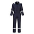 A navy blue coverall featuring reflective stripes, zippers, and two front pockets, with a logo on the chest.