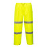 Bright yellow pants featuring reflective stripes, designed for visibility, with an elastic waist and adjustable toggles.