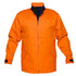 An orange jacket with a navy collar, featuring a zip front and side pockets, includes a logo on the sleeve.