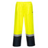 Bright yellow wet weather pull-on pants with a black reflective stripe at the hem and an elasticated waist.