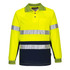 A bright yellow long-sleeve polo shirt featuring reflective stripes and dark navy accents, with a pocket and branding.