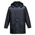 A black rain jacket featuring a hood and button-up front, with pockets and a logo.