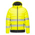 A bright yellow heated tunnel jacket with reflective stripes, featuring a hood and zip front. It has a logo on the chest.