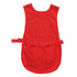 A bright red tabard with a large front pocket, featuring fastening straps on the side and a simple design.