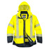 A bright yellow high-visibility jacket with reflective stripes and a hood, featuring a zipped front and dark sleeves.