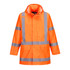 A bright orange rain jacket featuring reflective strips and a hood, designed for visibility and protection from rain.