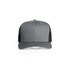 A grey trucker cap with black mesh panels and a structured front. It features a logo on the front.