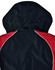 A unisex jacket featuring a black hood and red detailing, designed in a sleek style with a logo.