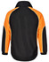 A unisex jacket featuring a black body with orange sleeves and white piping. It has a logo on the back.